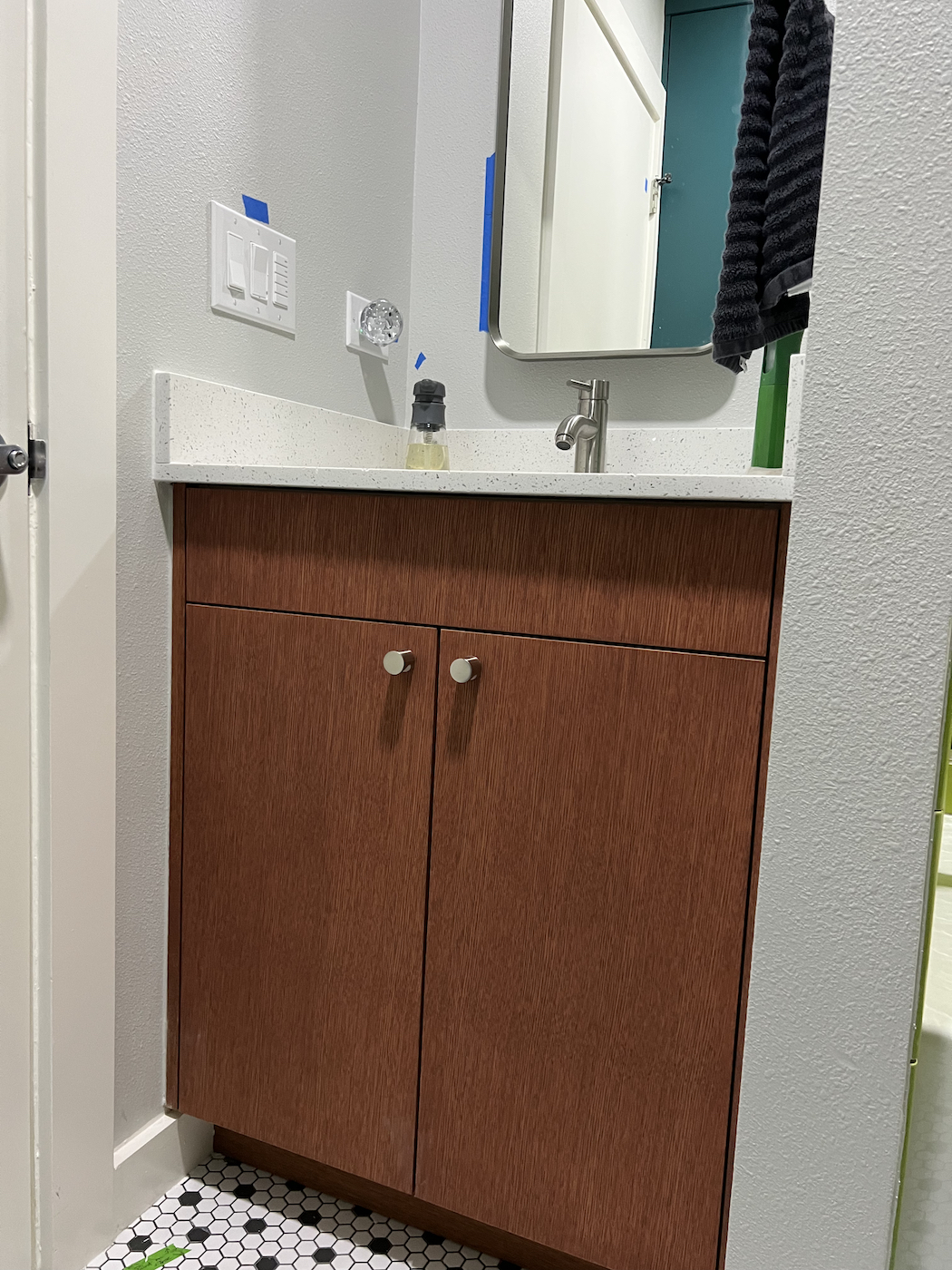 Bathroom Vanity Featuring Frameless Cabinets and Oak Grain Match Bathroom Vanity, Frameless Cabinets, Oak Vanity, Oak Cabinets
