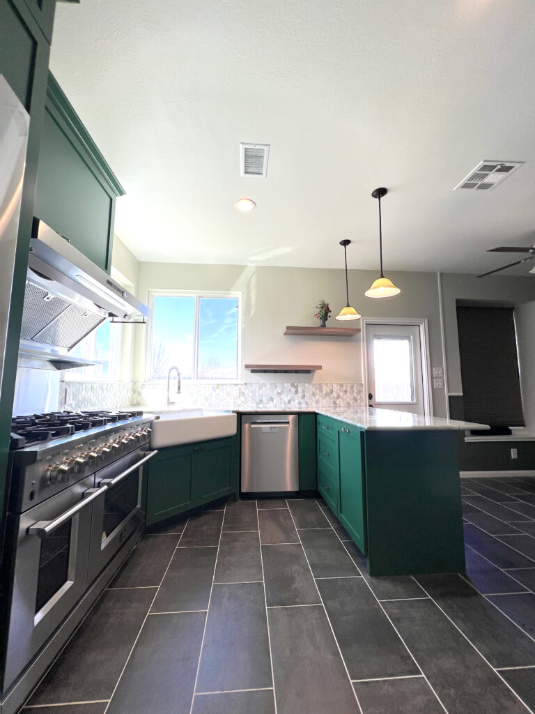 Face Frame Cabinets Featuring Soft Close Hardware in Forest Green