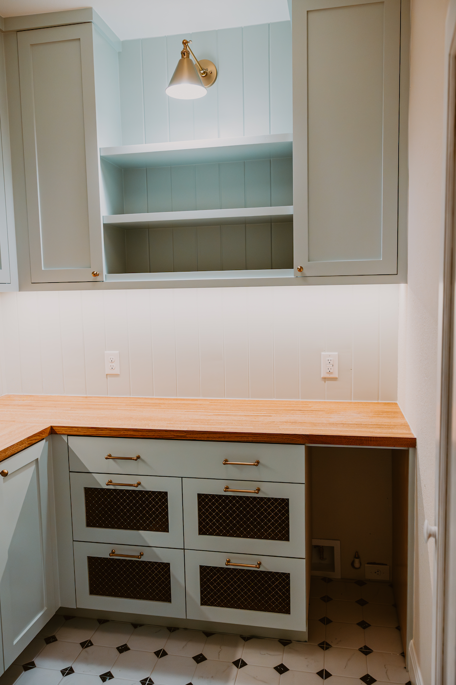 Seasalt Butler's Pantry Featuring a Red Oak Butcher Block, Frameless Cabinets with Soft Close Hardware and Vegetable Drawers Vegetable Drawers, Butcheer Block Counter, Frameless Cabinets, Butlers Pantry