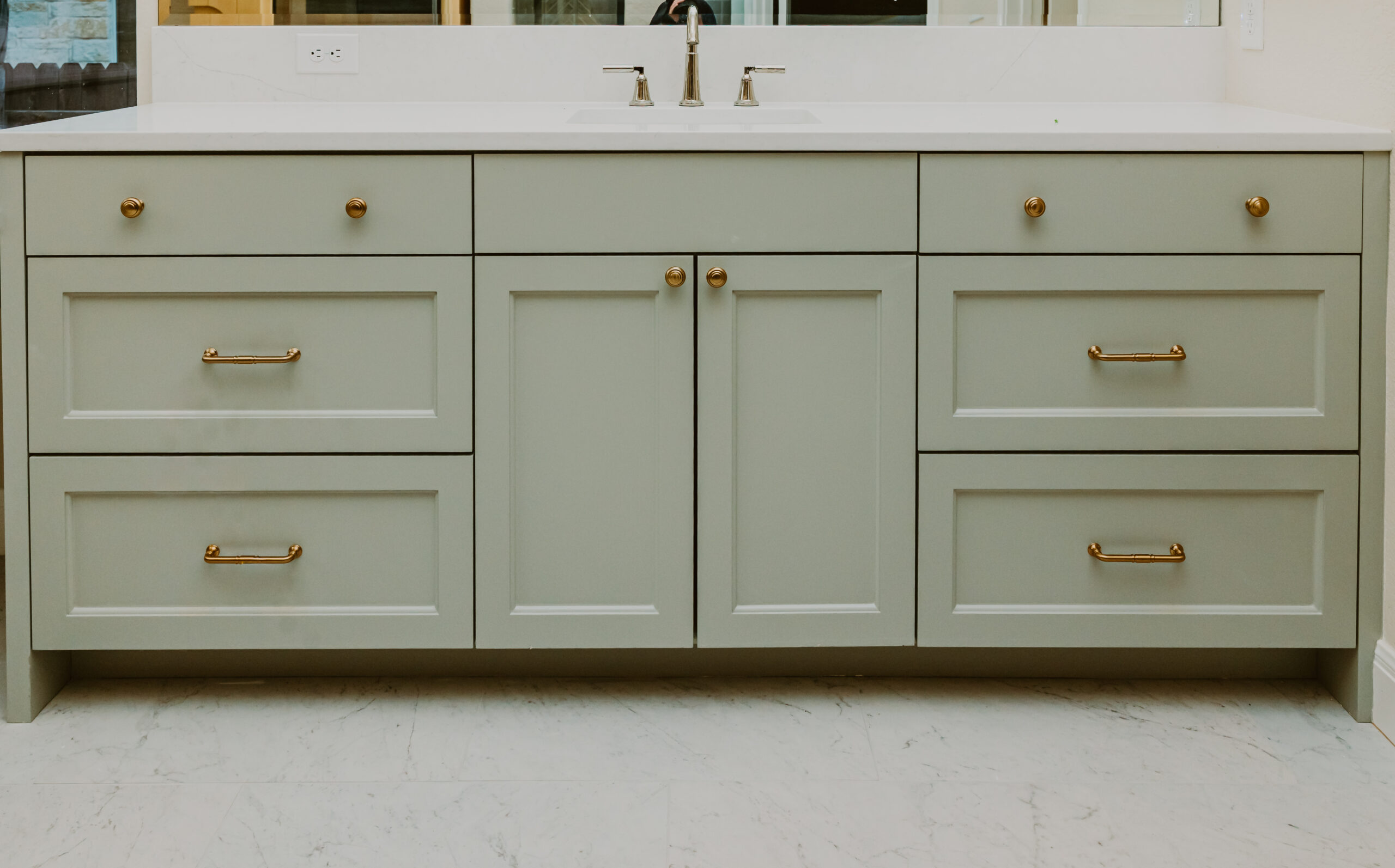 Seasalt Primary Vanity Featuring Frameless Cabinets with Soft Close Hardware Bathroom Vanity, Frameless Cabinets, Soft Close Hardware, Master Vanity