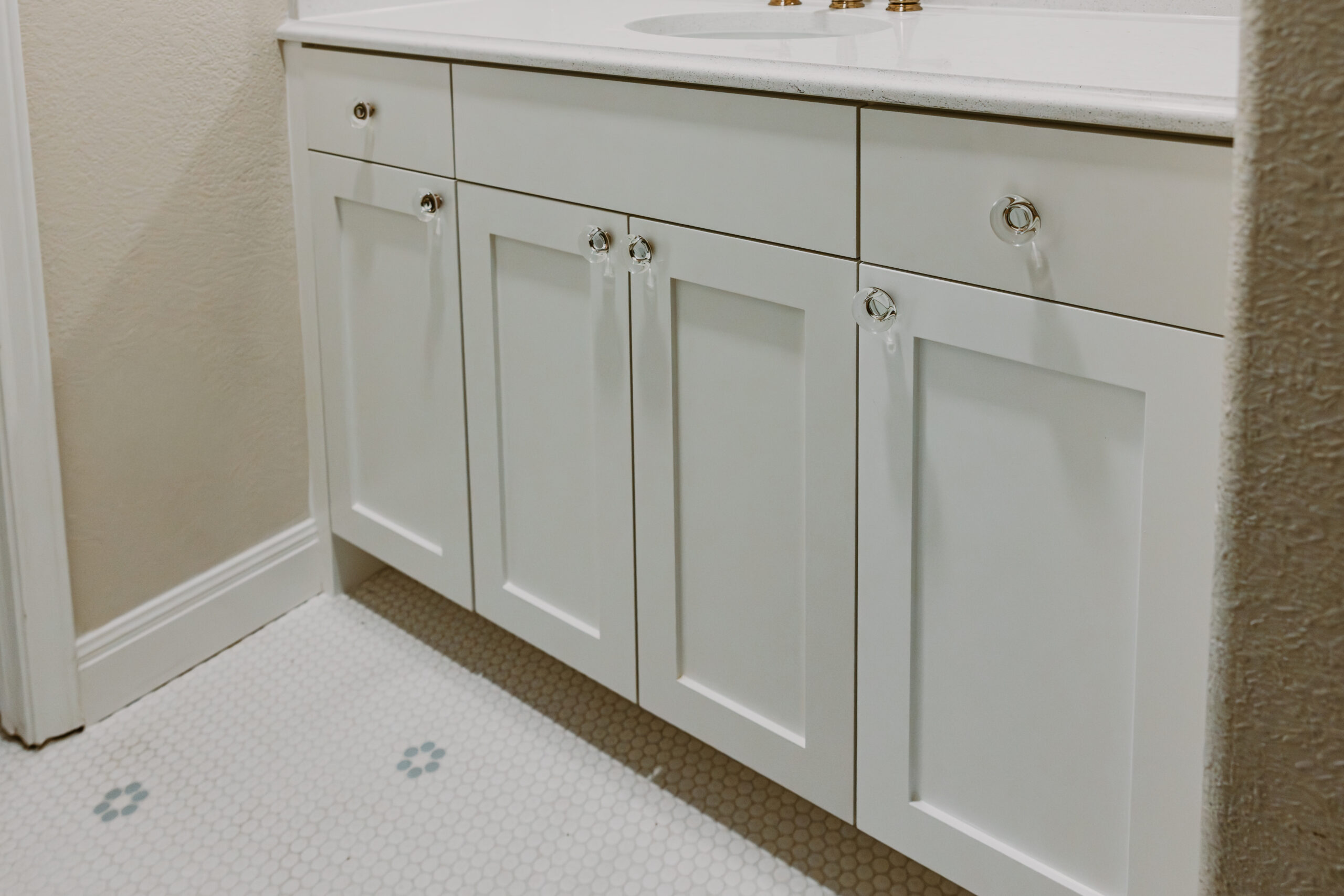 White Bathroom Vanity Featuring Frameless Cabinets and Soft Close Hardware Bathroom Vanity, Frameless Cabinets, Soft Close Hardware