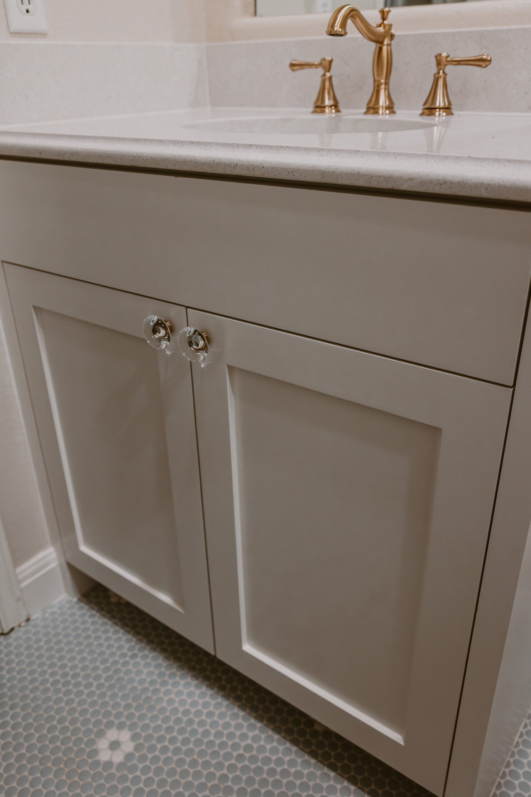 White Bathroom Vanity Featuring Frameless Cabinets and Soft Close Hardware Bathroom Vanity, Frameless Cabinets, Soft Close Hardware