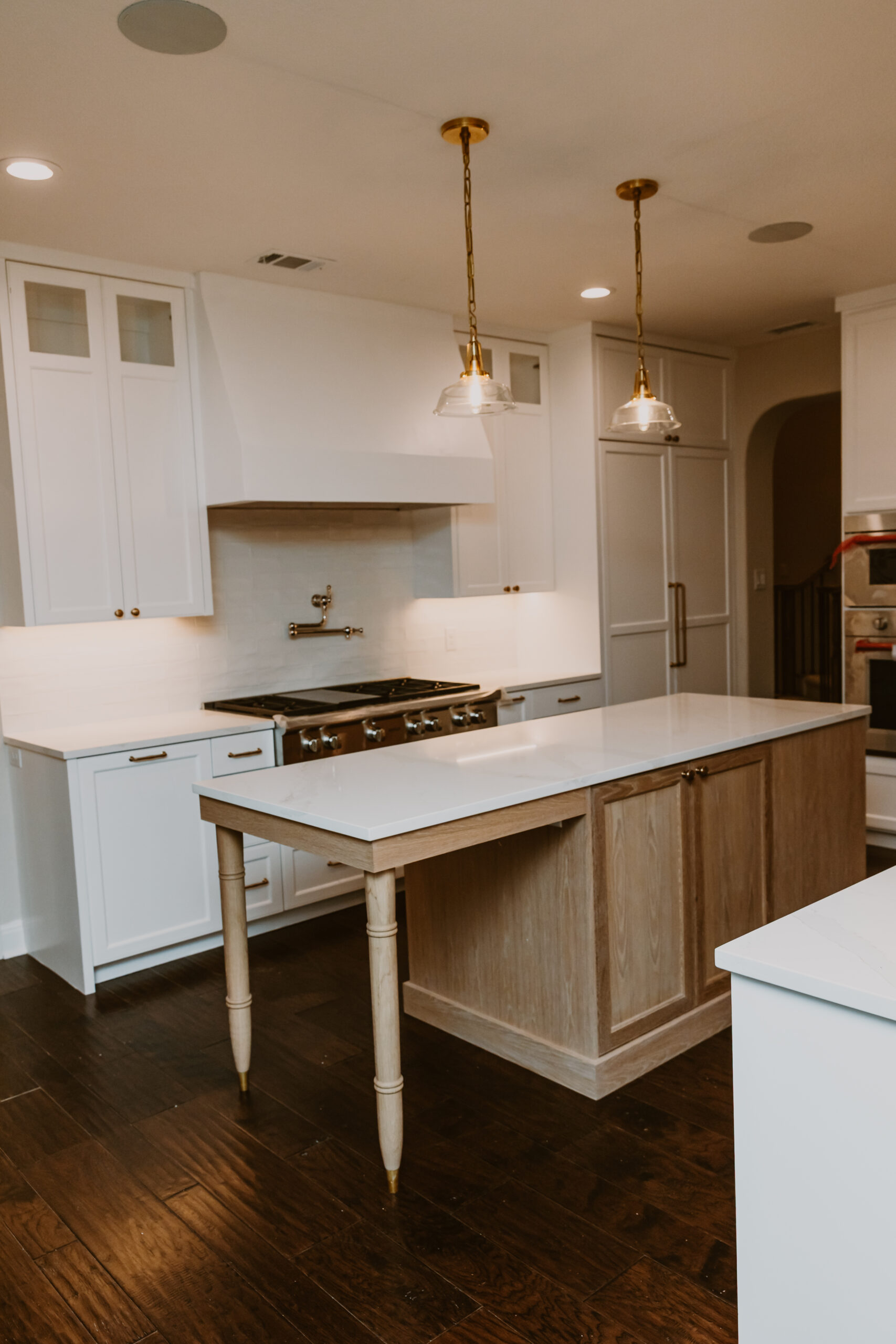 Frameless Cabinets Featuring Soft Close Hardware and a White Oak Island Warming Drawer, Kitchen Island, White Oak